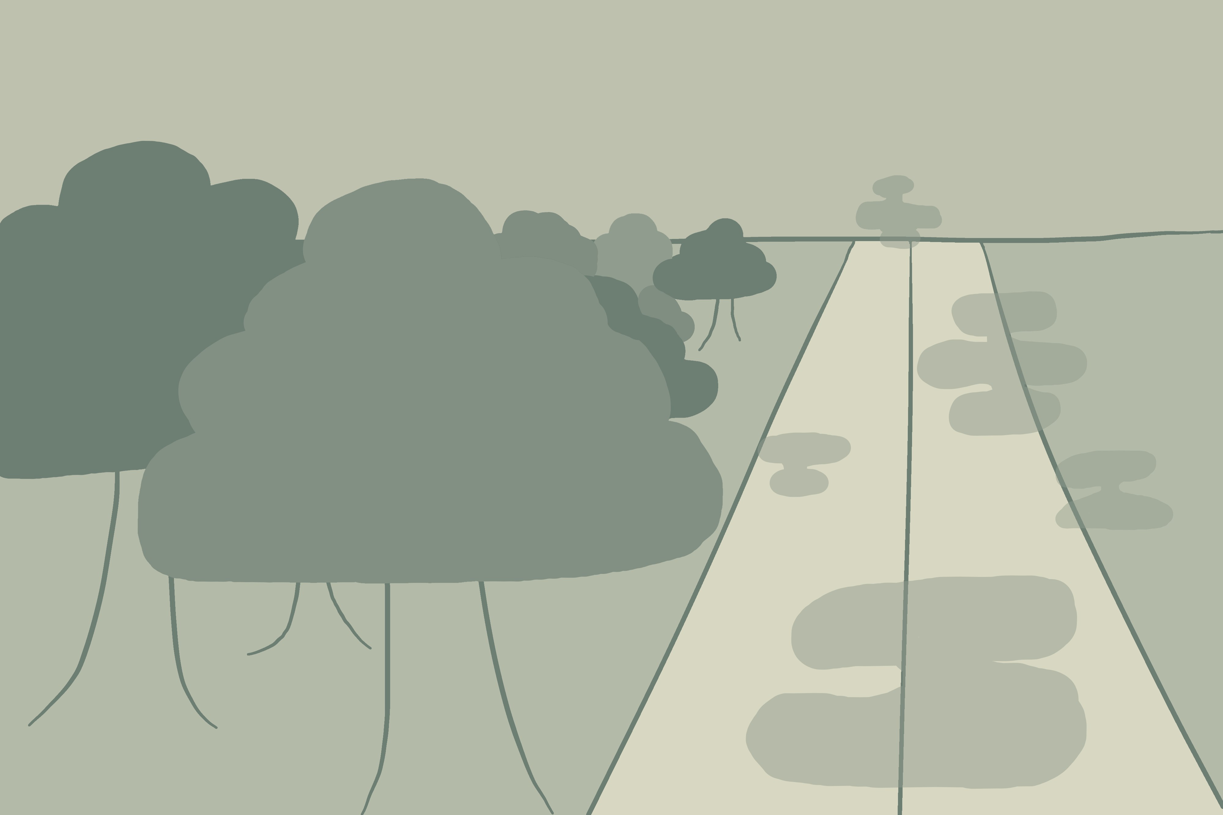 abstract drawing of a forest next to a road with fume clouds