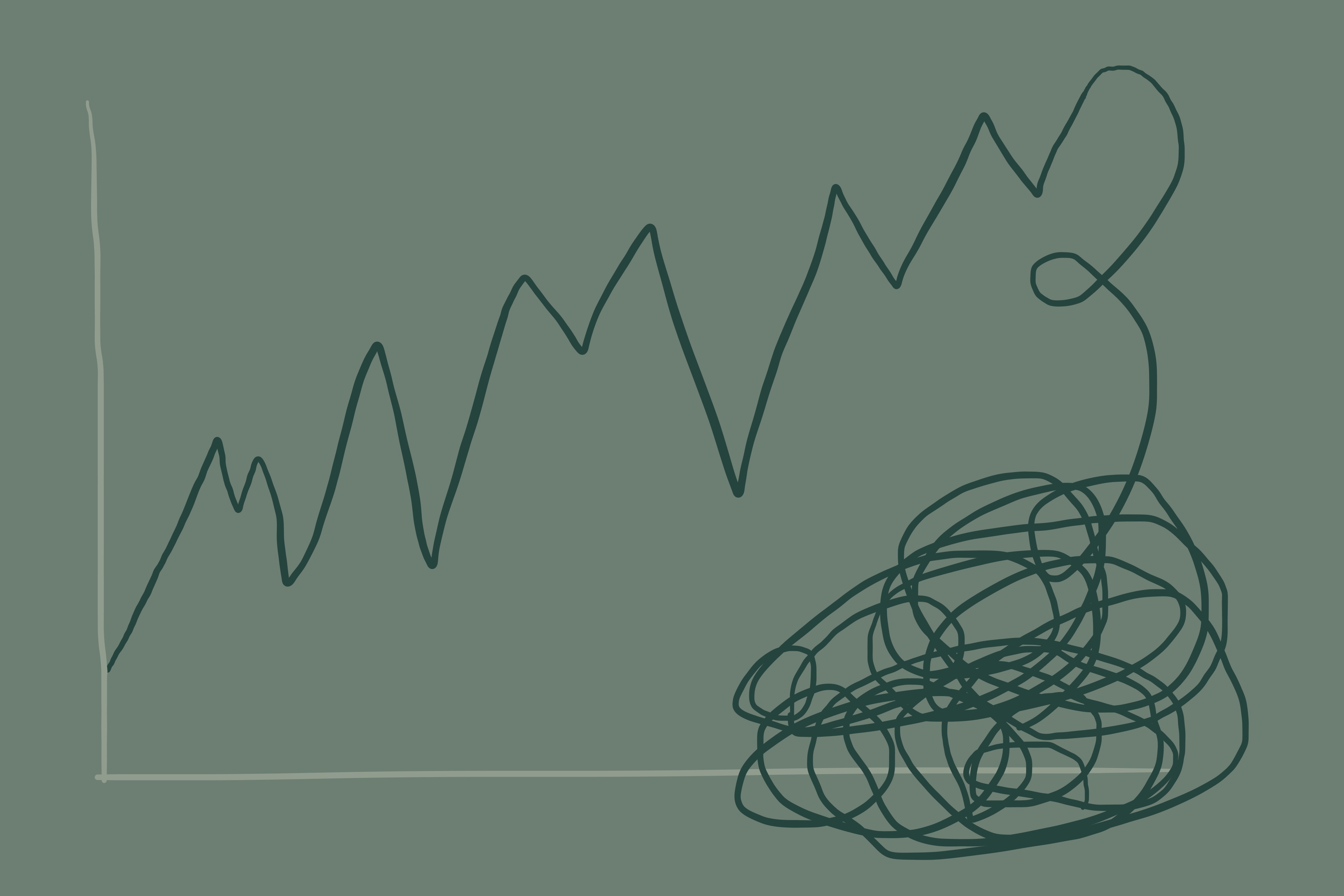 abstract drawing of a rising stock market graph spiraling out of control